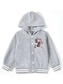 Girls Baseball Jacket Single Piece Witch Squad Print Color Block Varsity Style Fall Winter Sport Coat Casual Fashion - Grey - View 2
