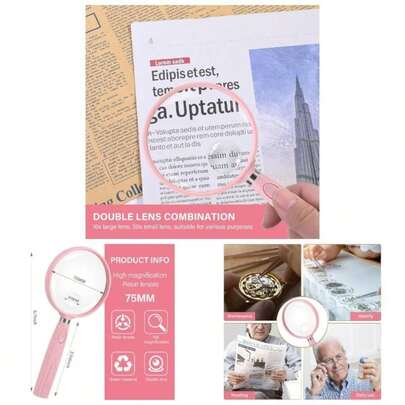Handheld Reading Magnifier, 10X 30X Magnifier, 75mm Shatterproof Lens, Non - Slip Handle Adults Close Work, Seniors Reading And Nature Exploration, Hobby ObservationPink
