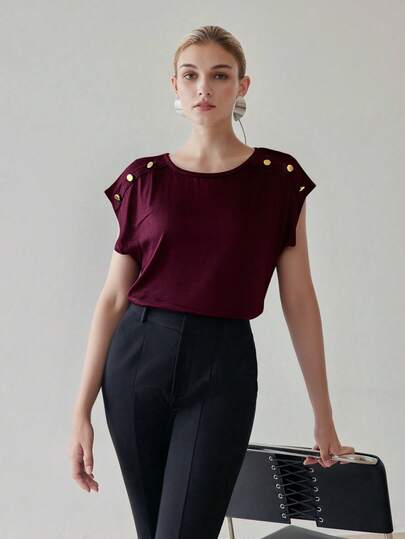 Blusa informal elegante con mangas murciélago, cuello redondo, botones falsos y dobladillo asimétrico para mujer oficina ootd office vintage old money style