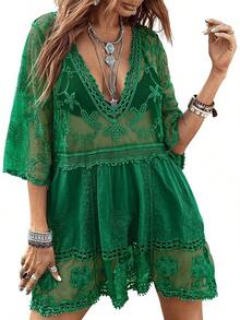 Women's Contrast Lace Loose Swimsuit Cover Up Beach Dress - Swimwear 2025 IBGX - Cỏ xanh - Xem 11