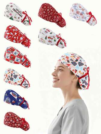 Universal Nurse Hat For Women, Full Of "Santa, Snow Deer, Snowflakes, Christmas Elements" Pattern Cartoon Surgical Hat, Inner Sweat Belt, Dust Hat With Long Hair Belt, Clothing Role Play, Practical And Stylish, Suitable For Beauty Salon, Nurse, Hospital, Dental Clinic, Dental Hospital, Veterinary Hospital, Pediatrician, Home Cleaning, Suitable For Halloween And Christmas