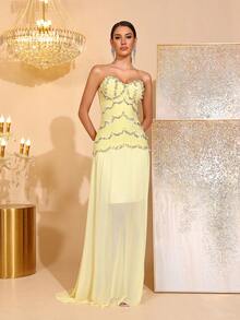 Vestido largo ajustado con decoración de perlas, cuello corazón sin tirantes, elegante para fiesta, cena, boda o eventos festivos - Amarillo - Ver 6