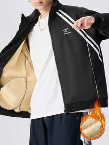 Plus Size Thermal Lined Long Sleeve Jacket, Thermal Thickened Jacket, Suitable For Winter - Black - View 3