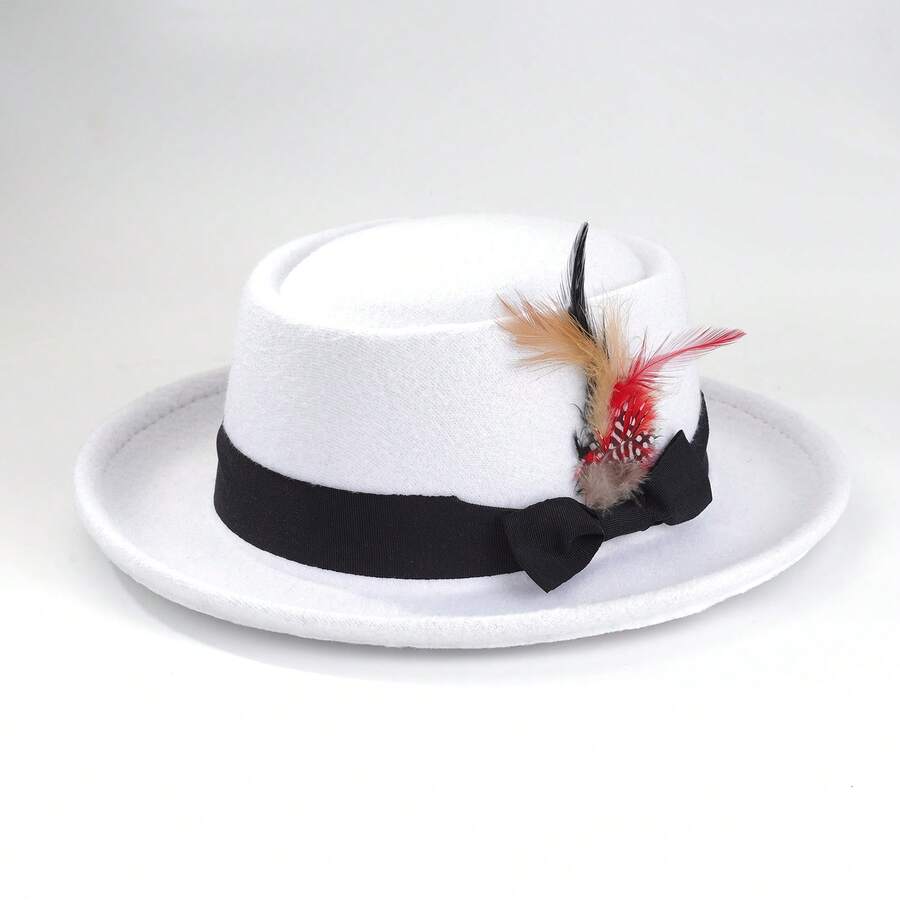 Wide Brim Fedora Hats With Feather For Women Men Western Panama Floppy Hat - trắng - Xem 1