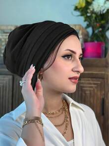1 peça de lenço de cabeça e faixa de cabelo instantâneo clássico feminino 2 em 1, design plissado de alta elasticidade, resistente a arranhões, tecido de malha premium, absorvente de umidade e respirável, adequado para o dia a dia muçulmano e para ocasiões especiais. - Preto - Ver 3