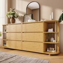 160cm Eiche Sideboard, Roman Design With Bamboo Columns And Shelves, 6 Drawers And Open Shelves, Height Adjustable Legs, H75/W160/D40 - 1 - View 12