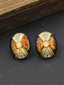 1 Pair Vintage Jewelry French Romantic Elegant Earrings, Retro Versatile Enamel Gradient Color High-End Inlaid Glass Stud Earrings - Multicolor - View 6