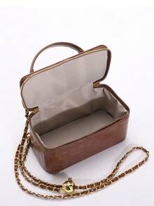 1pc High-End Coffee Crocodile Embossed Zipper Small Square Bag, Fashionable PU Quilted Diamond Stitching Box Bag, Versatile Zipper Small Square Bag, Women's Handbag With Chain Shoulder Strap - Coffee - View 8