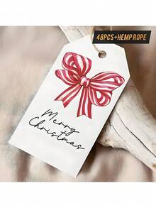 48pcs Christmas Elegant Watercolor Bow Christmas Gift Tags – Red/White Striped, Blank Cursive-Friendly Paper, With Hemp Rope | For Holiday Gift Wrapping, Gift Exchanges, Party Decor & Christmas Card Crafts - Multicolor - View 4