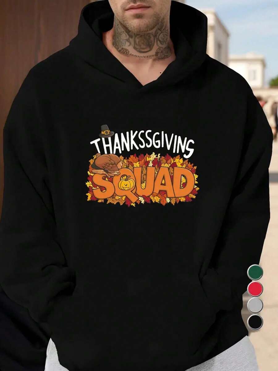 Men's Thanksgiving Squad Hoodie - Turkey & Autumn Leaves Print Oversized Sweatshirt With Turkey Squad Logo, Grey Fall Winter Warm Pullover For Casual Wear & Thanksgiving Parties (Green/Red/Black),Fall Hoodies,Men's Fall Clothes,Street Wear,Halloween,Mens Hoodies,Y2k Clothes,Jesus Hoodie,Thanksgiving Day,Nightmare Before Christmas,Christmas - màu đen - Xem 1