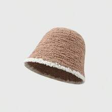1pc Women Khaki Patchwork Fluffy Bucket Hat, Versatile For Autumn/Winter Daily Use - Khaki With White Edges - View 6