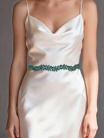 1 st grönt glasstrasapplikationsbälte för brudklänning, trendigt tunt brudskärp, lämpligt för födelsedagsfest, maskerad, cocktailparty, förlovningsfest, överraskningstemafest, kostymtillbehör alla hjärtans dag-tillbehör