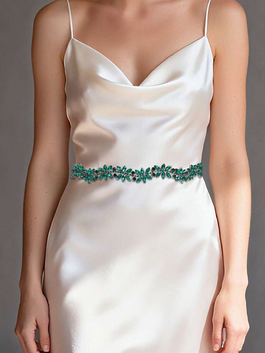 1件绿色玻璃水钻贴花婚纱腰带，时尚纤细新娘腰带，适合生日派对、化装舞会、鸡尾酒会、订婚庆典、惊喜主题派对、情人节服装配饰