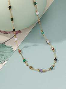 Nooxian 1 buah Kalung Wanita, Kalung Buatan Tangan dari Baja Tahan Karat dengan Manik-Manik Batu Alam Campuran Warna Acak, Aksesori Penumpukan Sehari-hari (Warna & Jumlah Manik-Manik Acak, Tanpa Kotak Hadiah) - Yellow Gold - View 3