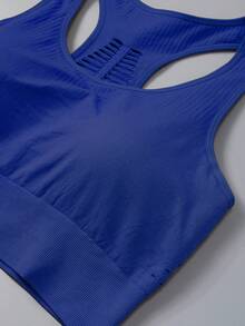 Plus Size Women Seamless Knit Sports Bra With Removable Cups - Blue - View 2