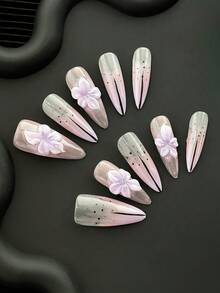 Uñas de stiletto estilo francés hechas a mano, uñas postizas. Puntas de uñas multicolor con degradado de ojo de gato, diseños florales tallados a mano, patrones 3D, uñas postizas de cobertura completa con brillo DIY, 10 piezas por paquete