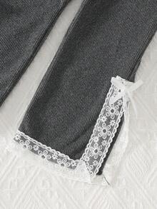 2 件套女婴休闲时尚灰色和黑色针织连帽衫上衣，蝴蝶结印花和蕾丝边开衩裤套装，春秋 - 深灰色 - 查看 8