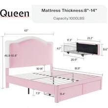 Twin/Full/Queen Bed Frame With LED Light And Storage Drawer, Upholstered Design With Adjustable Headboard, Easy Assembly, Noise-Free, No Box Spring Needed - 粉色 - 查看 4