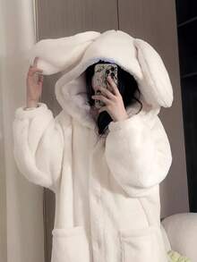 加厚保暖兔耳朵睡衣]新款高端加厚保暖女式冬季兔耳朵连帽珊瑚绒睡衣 - 涤纶 100% 纯色针织面料睡袍带纽扣细节，适合秋冬