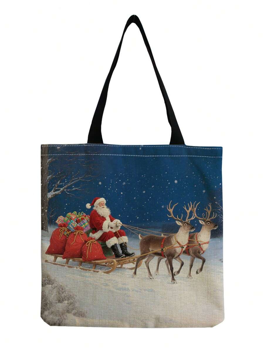 Vintage Christmas Print Tote Bag, Portable Travel Beach Bag, Large Capacity Fashion Casual Versatile Handbag, Santa Claus Reindeer Sleigh Pattern, Daily Commute Canvas Bag, Reusable Shopping Bag, Christmas Lover Gift