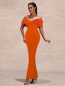 Stylish Women's Elegant Half Sleeve Rhinestone Asymmetrical Long Knitted Dress With Zipper For Party Other Wear