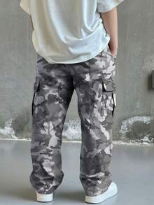 1pc Boys Teen Camouflage Multi-Pocket Wide Leg Cargo Pants, Loose Straight Leg Casual Sports Long Pants, Versatile For School, Outdoor, Party And Daily Wear - Grey - View 3