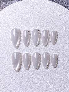 10 Pieces Of Handcrafted Press-On Short Nails, French Tip Nails, False Nails, Pink Nails, Red Nails, White Nails, Gold Nails, Black Nails, Brown Nails, Cat's Eye Nails, Cute Nails, Hand-Painted Gold-Edged Heart-Shaped Reflective Cat's Eye, Sea Star Decoration, Cute And Luxurious Style, Comes With Nail Art Tools, Quick And Easy Wear And Removal, Reusable Almond-Shaped Press-On Nails. - White - View 2