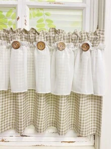 1pc Farmhouse Style Double Layer Cafe Curtain Valance - Brown Lattice Pattern, White Sheer Lace Trim, Retro Button Decor, All Seasons, Linen Fabric, Princess Style Short Curtain Tier For Living Room Kitchen Bathroom Window Decor - Red and White - View 6