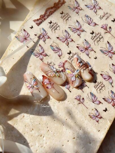 1 قطعة ملصقات أظافر بشكل فراشة ذات لمعان وصدفة وردية، ملصقات أظافر DIY إبداعية، أدوات تصنيع بسيطة للمبتدئين وهواة صالونات الأظافر، عناصر ديكورية مثالية للنساء المهتمات بالجمال لإظهار جاذبية أظافرهن، وملصقات أظافر قابلة لإعادة الاستخدام