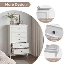 Dresser For Bedroom, Modern 5 Drawer Dresser With Solid Wood Legs And Painted Finish, Tall Chest Of Drawers, Wooden Storage Cabinet Organizer For Living Room, Nursery, Hallway, Entryway - 白色 - 查看 4