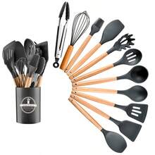12件套多功能木柄硅胶烹饪用具套装，耐热汤勺，带刮刀的烘焙铲，意大利面叉，储物罐 - 彩色 - 查看 6