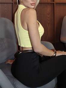 女士纯色浅黄色优雅通勤修身立领无袖上衣，适合音乐节、演唱会、年轻女孩日常穿着、海滩度假、摄影、圣诞节、情人节和其他节日。 - 黃色 - 查看 7