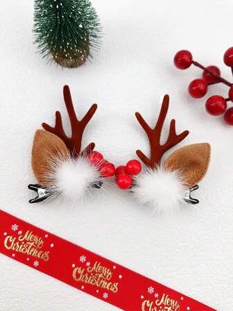 1对圣诞驯鹿角金属鸭子发夹，适合圣诞节佩戴，可作发卡、发夹使用