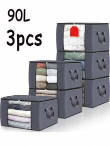 大容量储物袋 衣物收纳箱 可折叠衣柜收纳盒 带加固手柄的收纳盒，用于收纳衣物、毛毯、棉被、床单、枕头和玩具（灰色） 大容量带手柄储物袋 - 卧室和衣柜收纳盒 多用途储物盒 用于整理卧室衣柜、衣物、棉被、衣柜收纳盒（带手柄）