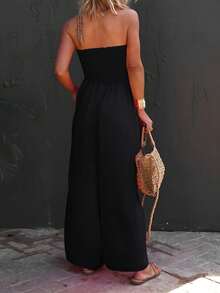 Womens Strapless Smocked Wide Leg Jumpsuit Sleeveless Casual Summer Chiffon Romper With Pockets - 黑色 - 查看 3