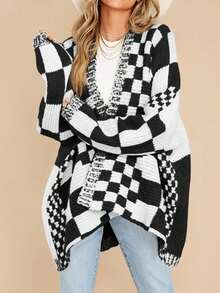 Womens Checkered Color Block Plaid Cardigan Oversized Knit Sweater Open Front Long Sleeve Coat - Đen và trắng - Xem 2