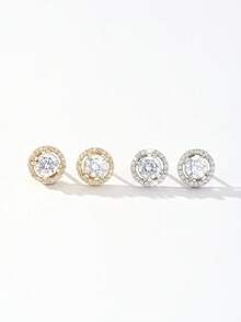 1 对复古 S925 纯银闪亮单颗锆石简约耳钉，高品质女士生日礼物，全新设计 - 圓形-1 - 查看 4