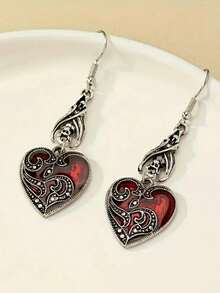 1 Pair Women's Gothic Style Dark Bat & Heart Shaped Alloy Dangle Earrings, Minimalist & Unique For Halloween - 銀色 - 查看 3