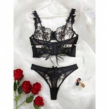 Elegant 2-Piece Set Of Lace Transparent Embroidered Bra And Underwear Women's Set - Sexy Waist Design, Perspective Polyester Blend, Give You A Different Experience - 黑色 - 查看 5