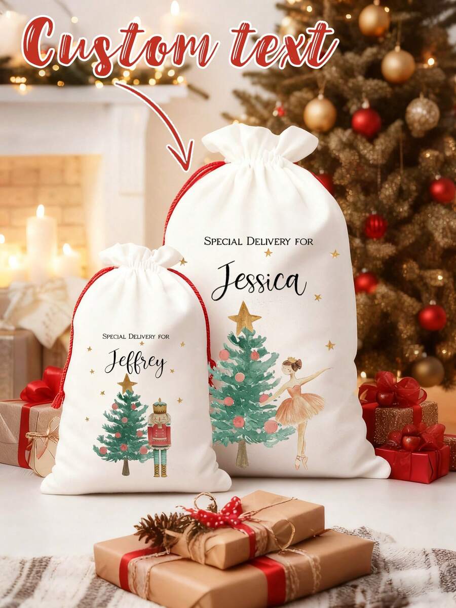 Sac de Crăciun personalizat cu nume personalizat, cu zână cu prune de zahăr, balerină, spărgător de nuci, ciorap de Crăciun vesel, decorațiune de Crăciun, cadou de familie, prieten, geantă de jucării, Crăciun, multifuncțional, durabil, ornamental, reutilizabil, rafinat, elegant - Multicolor - Vizualizare 1