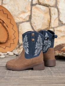 Children's Vintage Casual Embroidered Square Toe Boots, Suitable For All Seasons - Blue - View 7