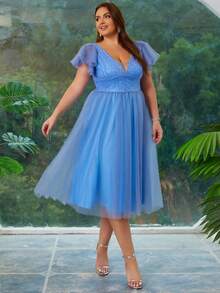 Damskie sukienki plus size z cekinami i siateczką, eleganckie, patchworkowe, na imprezę, balowe, półformalne sukienki koktajlowe dla gości weselnych - Królewski Niebieski - Zobacz 5