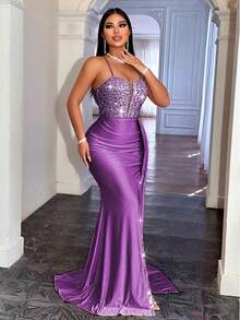 CHOSMO Đầm dạ hội, đầm dài dự tiệc cạp cao, hở lưng, đính sequin, xẻ tà bên và thắt lưng satin, thanh lịch cho ngày Valentine, Giáng sinh, các dịp trang trọng, đám cưới, tiệc mùa xuân. - Màu tím đậm - Xem 7