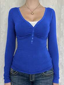 GAOVOT 女士T恤，Y2K休闲日常性感纯色蕾丝拼接修身长袖V领上衣，适合通勤 - 寶藍色 - 查看 4