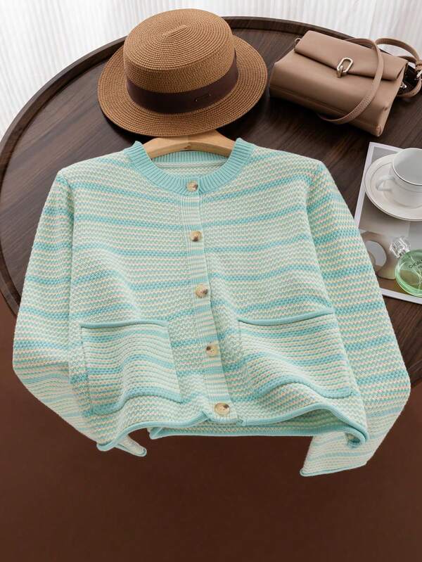 Women's Striped Contrast Color Button Front Pocket Cardigan, Versatile Knit Top For Autumn
