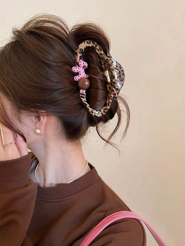 1 pieza Clip para el cabello con diseño de cabeza de cachorro con estampado de leopardo, diseño elegante para cabello grueso, gran accesorio para el cabello en forma de garra de tiburón, clip de plástico ABS con diseño de nube retro, clip de garra para el cabello de otoño/invierno