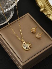 2pcs Valentine's Day Full Rhinestone Star & Moon Necklaces, Stainless Steel Friends Gift, Couples Gift, Couple Gift Valentines,Mom,Mother,Mother's Day,Gift - Yellow Gold - View 21