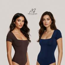 KIT WITH 2 SHORT SLEEVE BODYSUITS WITH ZIP AND DOUBLE LINING IN SUPLEX FABRIC - BROWN/BLUE - View 1