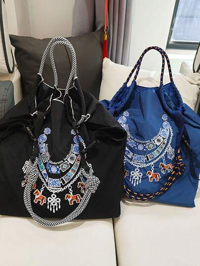 1pc Fashionable Versatile Embroidered Cartoon Pattern Lightweight Nylon Tote Bag, Foldable Commuter Shopping Bag