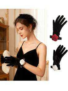 带山茶花图案的黑色天鹅绒手套，适合女士茶会服装/婚宴礼服、万圣节服装手套、圣诞节手套、特殊场合 1920 年代服装晚间歌剧手套 - 黑色 - 查看 1